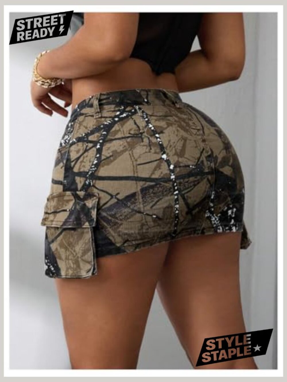 Y2k Camo Print Mini Cargo Skirt Low Rise Bodycon with Flap Pockets - Picture 2 of 6